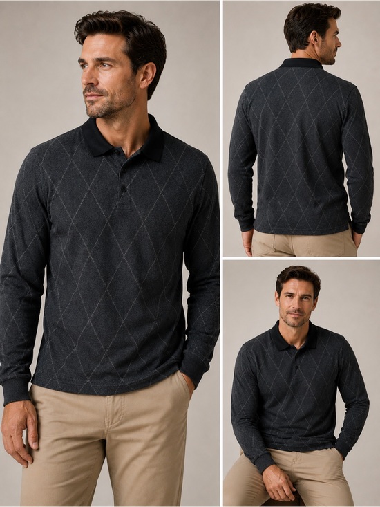 Haggar Other - Haggar Men’s Long Sleeve Polo Shirt NWT Large Charcoal Argyle Cotton Blend